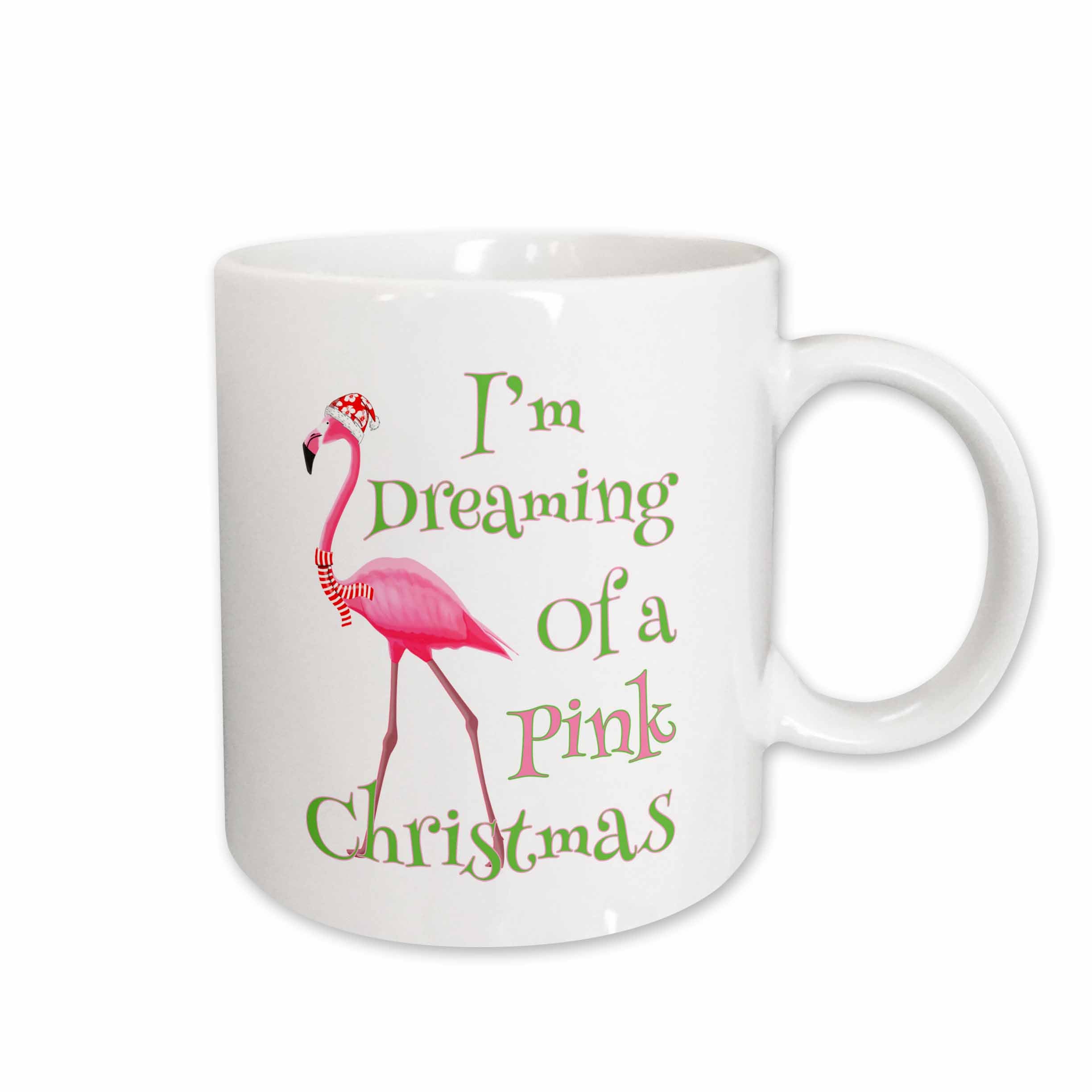White mug with pink flamingo and green/red “I’m Dreaming of a Pink Christmas” text