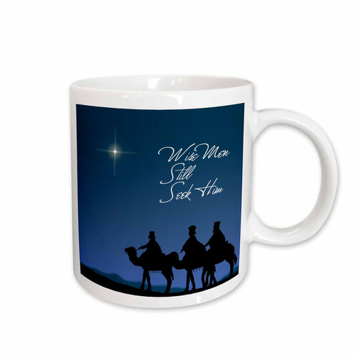 White mug with blue nativity scene, star, and “Wise Men Still Seek Him”