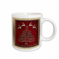 White ceramic mug with red reindeer Christmas tree graphic and white handle
