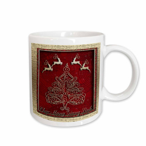 White ceramic mug with red reindeer Christmas tree graphic and white handle