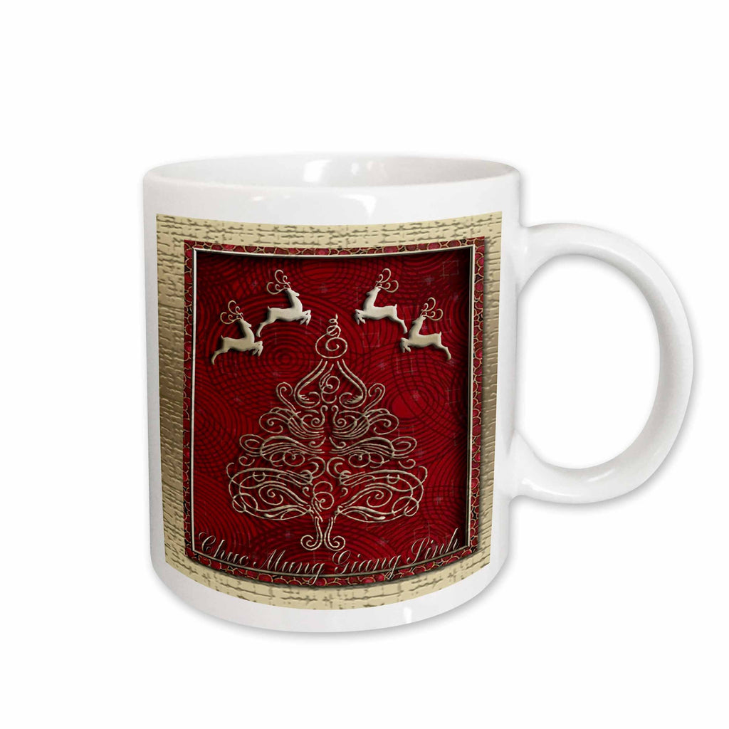 White mug with red reindeer Christmas tree graphic and white handle, angled view