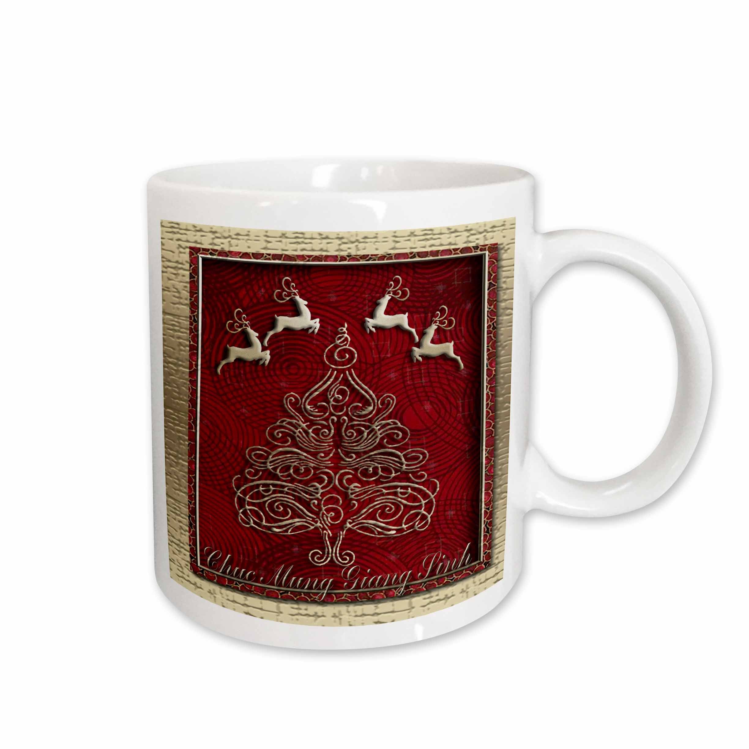 White mug with red reindeer Christmas tree graphic and white handle, angled view