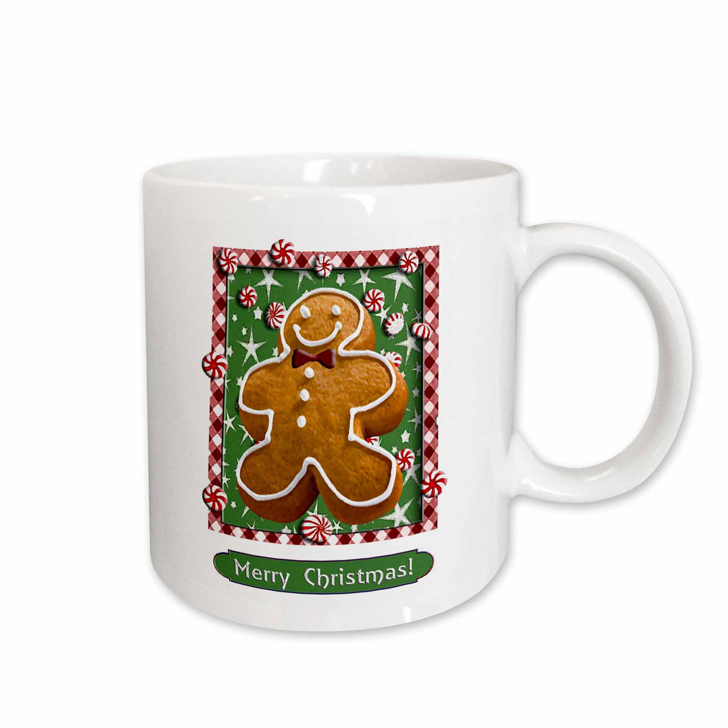 White Christmas gingerbread boy mug with green background and “Merry Christmas!” text