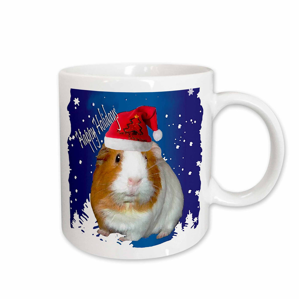 Christmas guinea pig mug with red Santa hat on blue-and-white design, white handle and rim