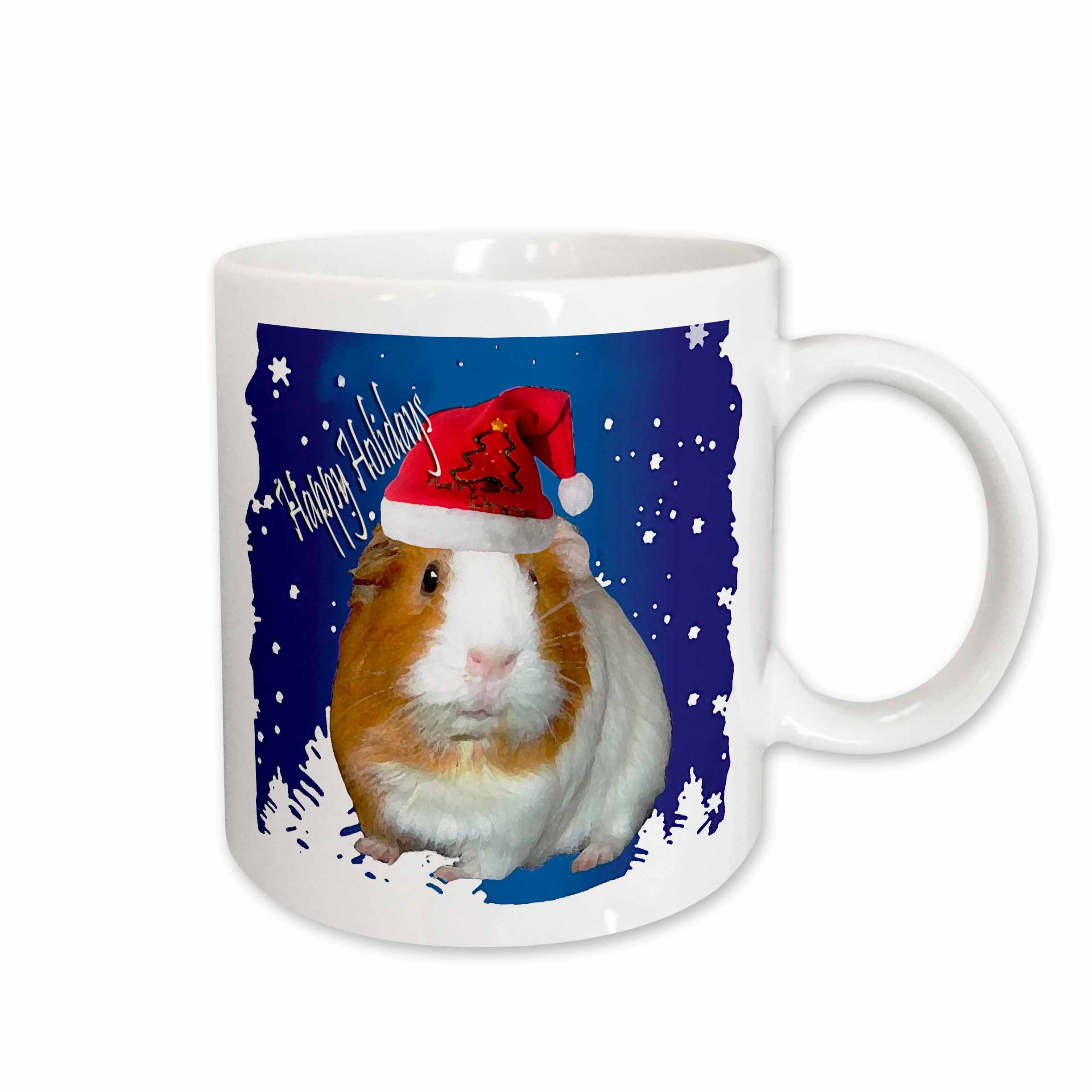 Christmas guinea pig mug with red Santa hat on blue-and-white design, white handle and rim