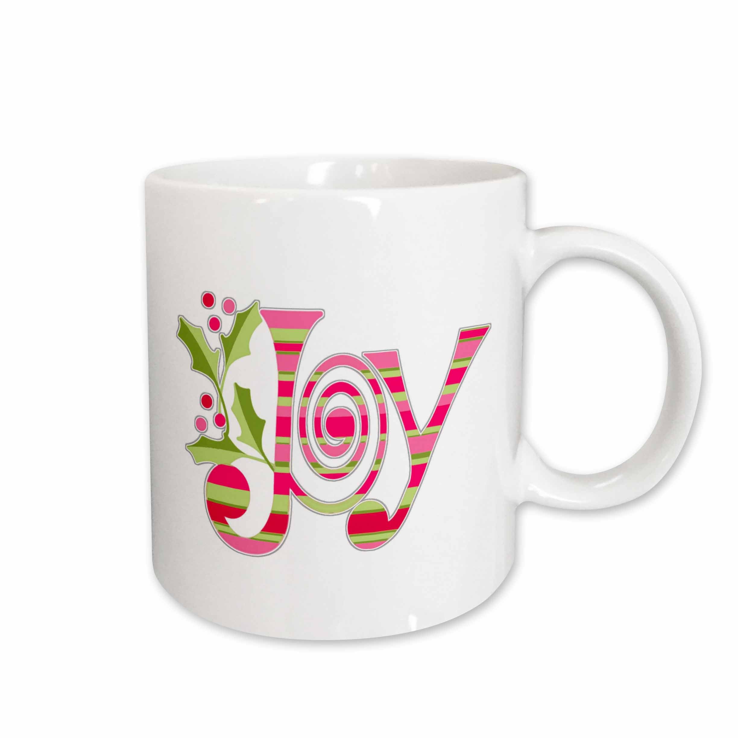 White ceramic mug with pink-and-green holiday “Joy” design and striped holly accents