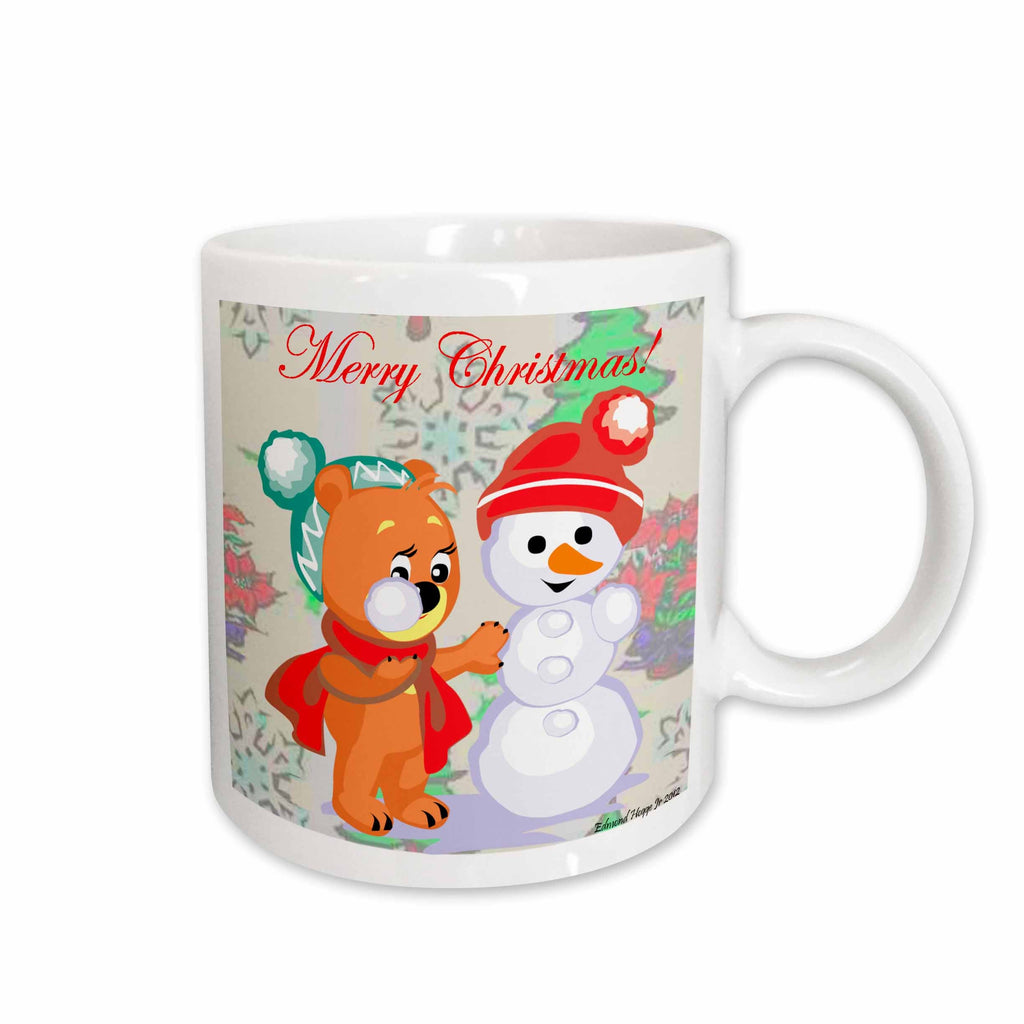 White ceramic mug with bear and snowman artwork and red script 'Merry Christmas!' text