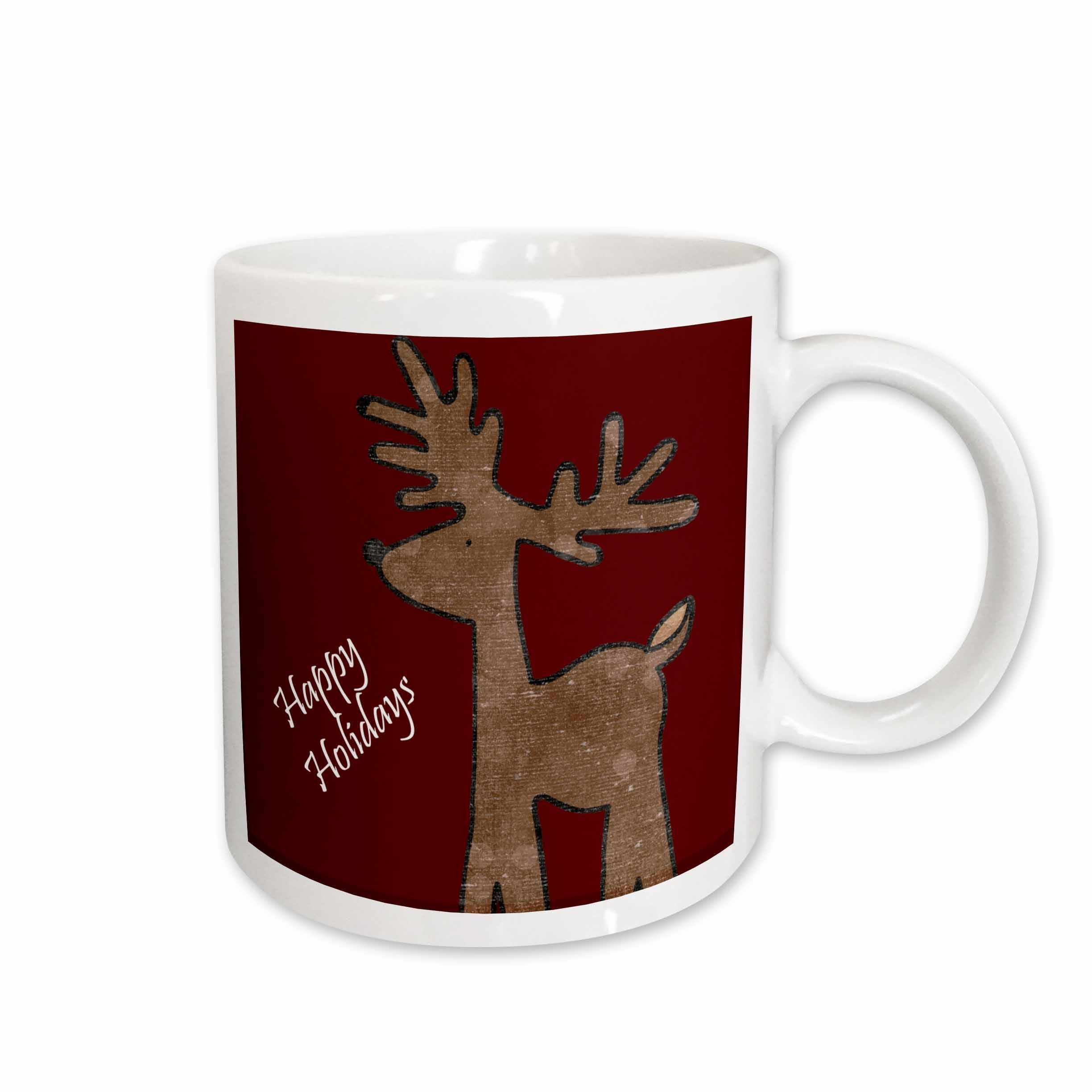 White ceramic mug with red panel, reindeer graphic and “Happy Holidays” text