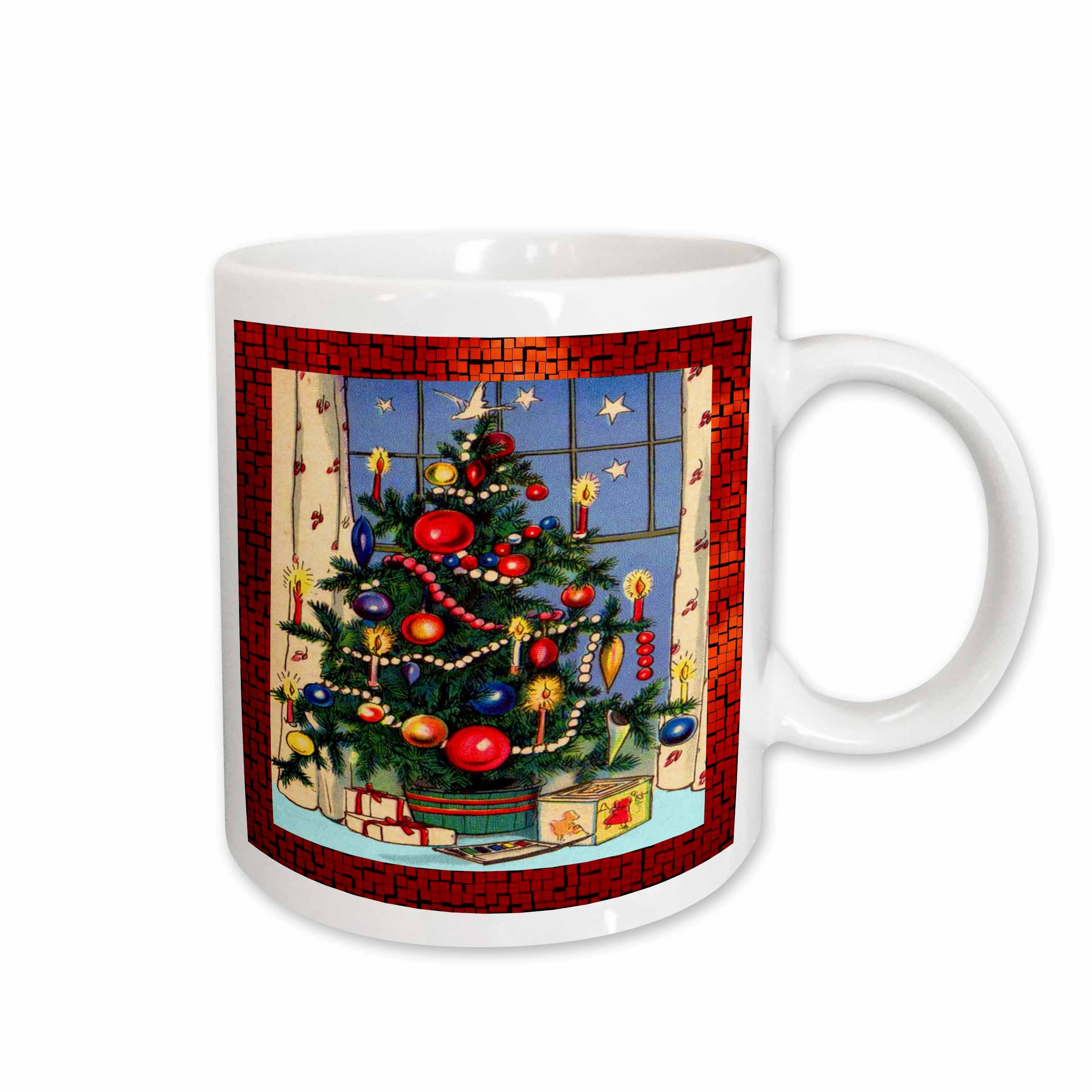 White Christmas mug with vintage Christmas tree and ornament design and white handle