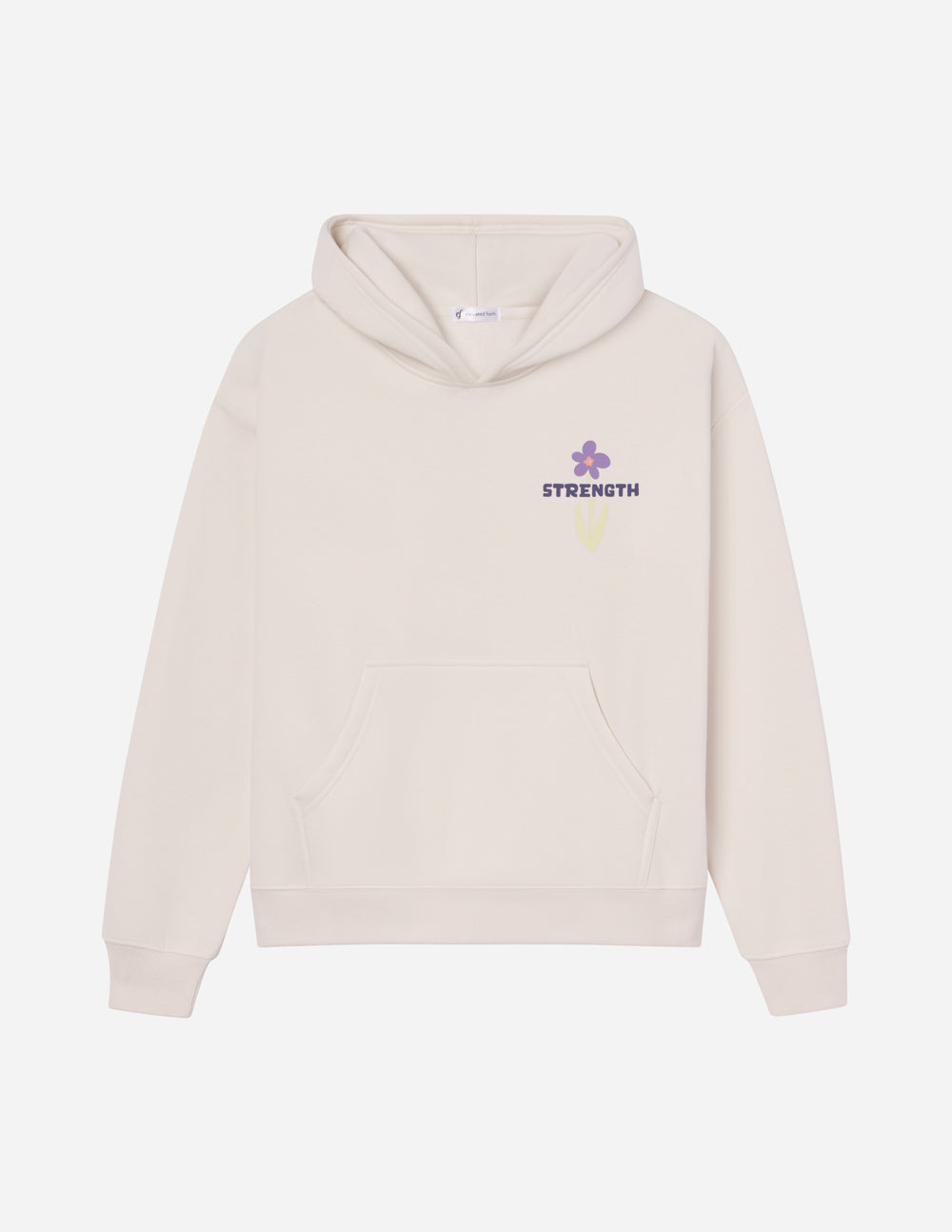 Light-cream unisex hoodie with hood, front pocket, and Strength logo.