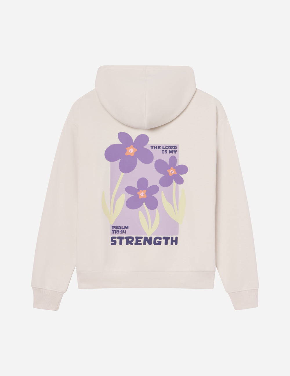 Light-cream unisex hoodie back with purple floral graphic and Strength text.