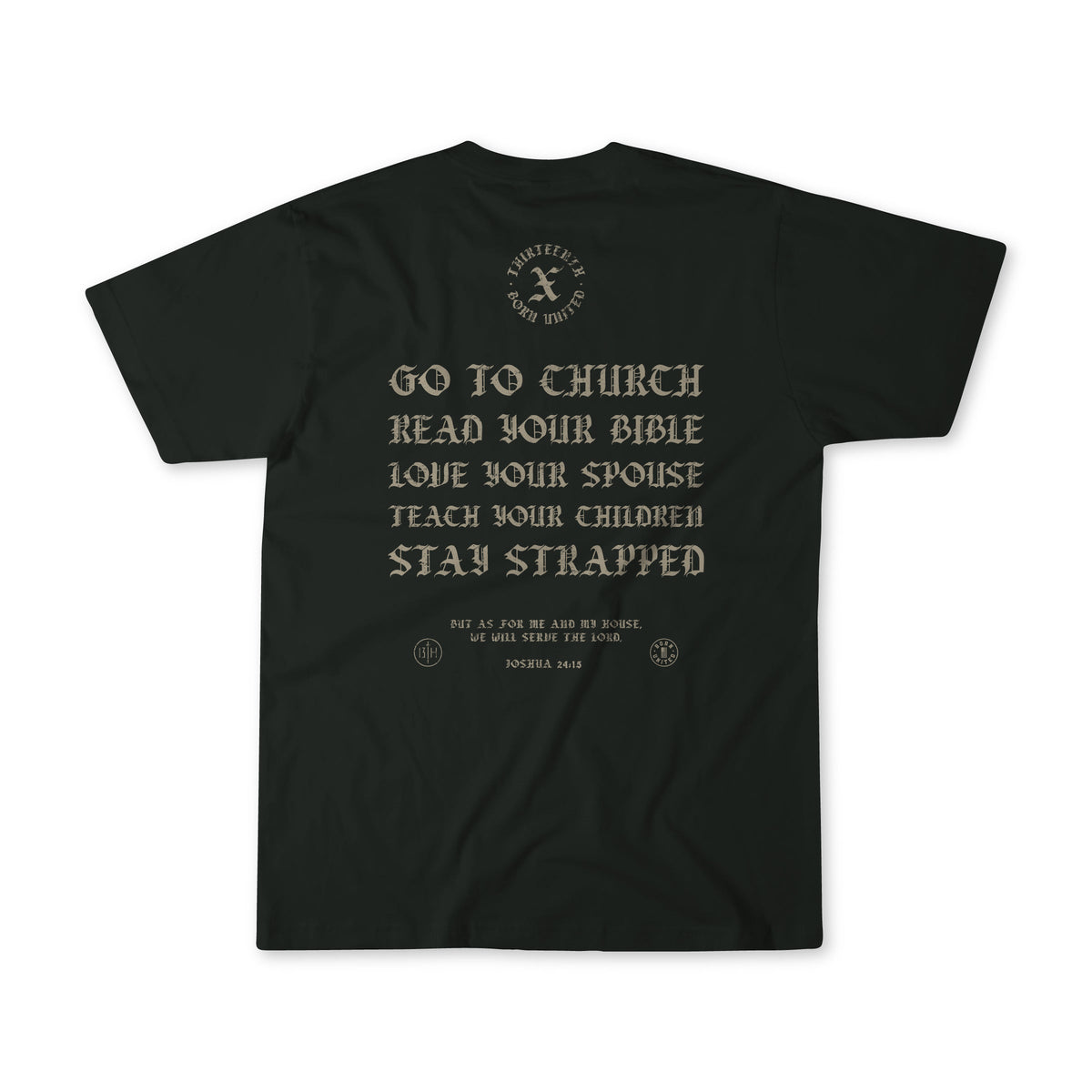 Black crewneck T-shirt, front features layered “Go to Church” style typography