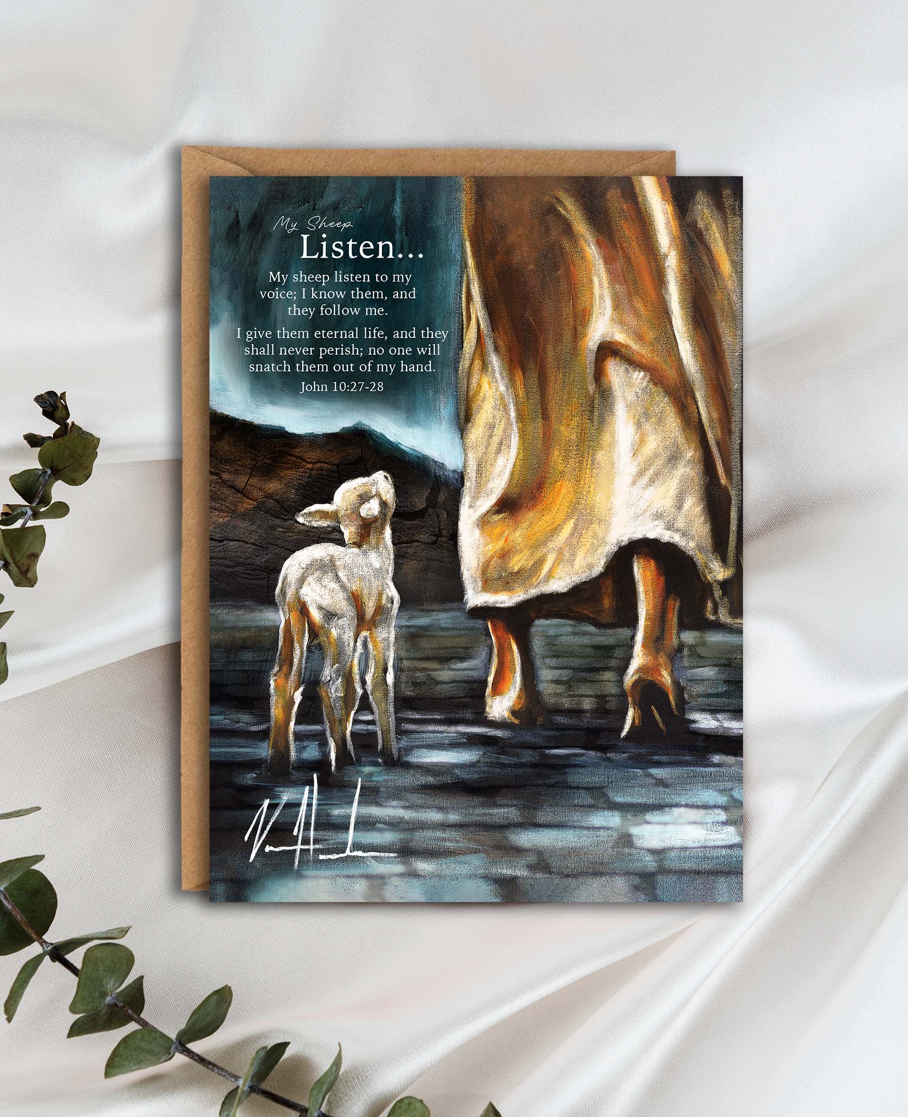 Greeting card front with animals by doorway and 'Listen...' title