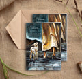 Greeting card front with kraft envelope and two cards on burlap fabric