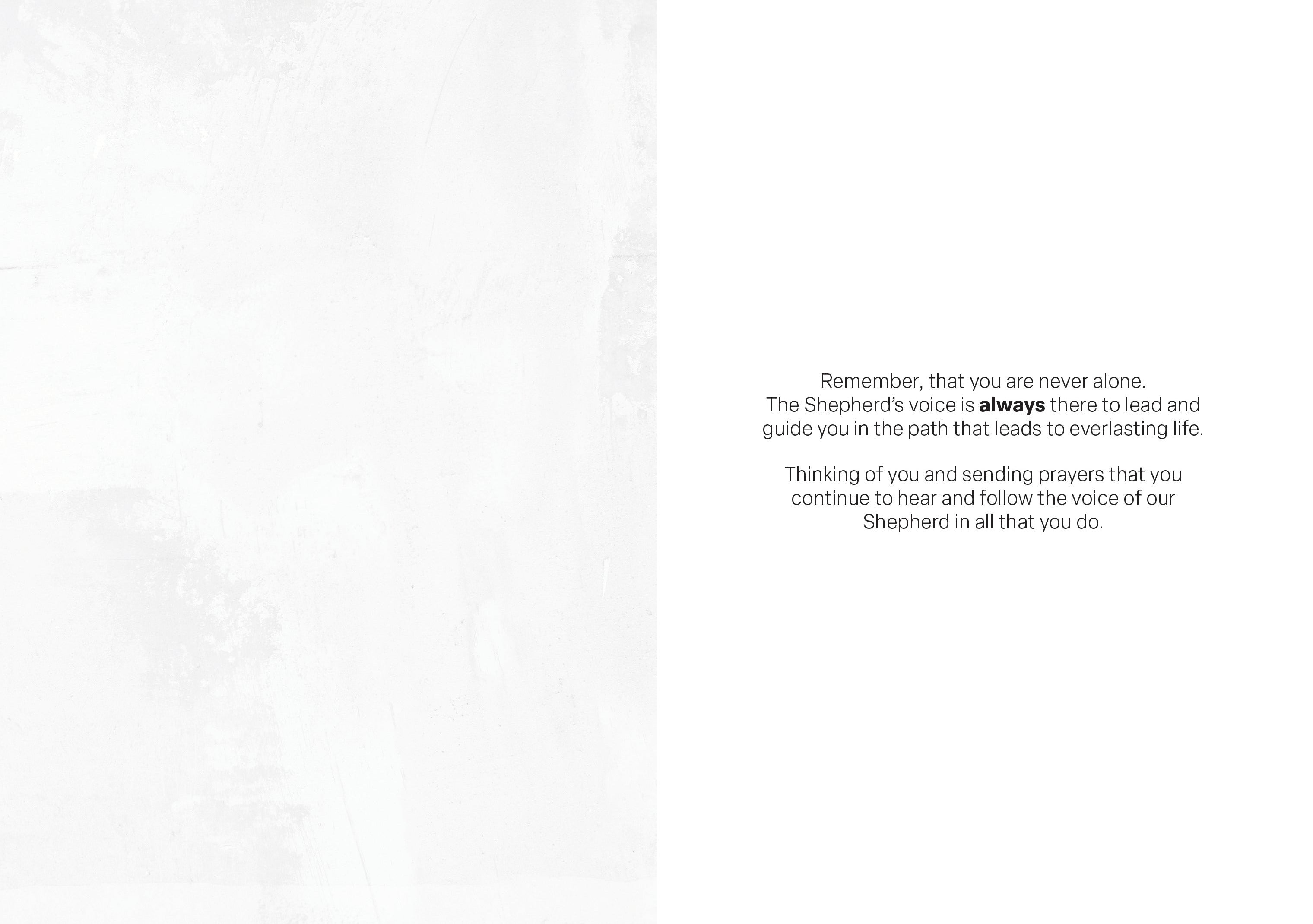 Greeting card back with scripture text paragraph on white background
