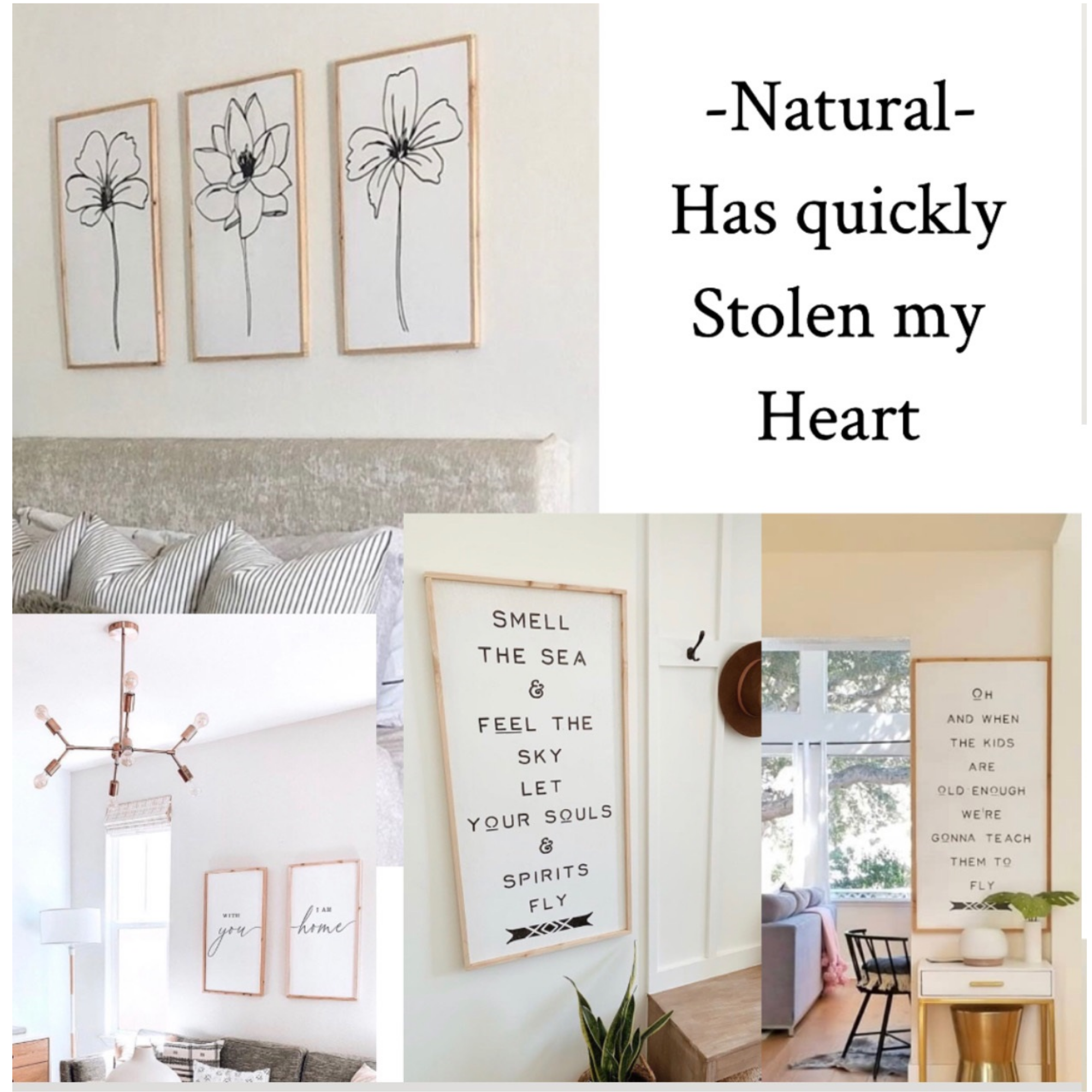 Set of framed wood wall signs with floral line art and quote text