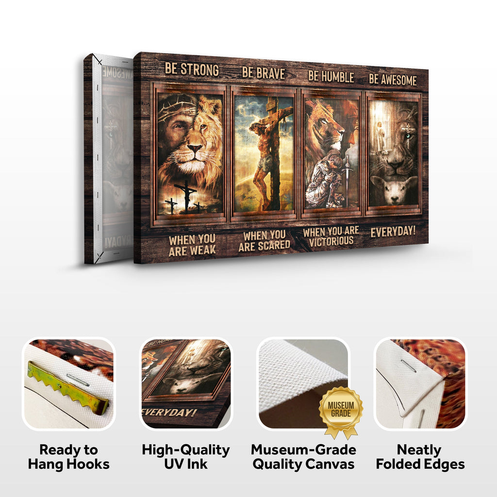 Landscape canvas wall art with wrapped edges; panel artwork shown with hanging hardware icons.