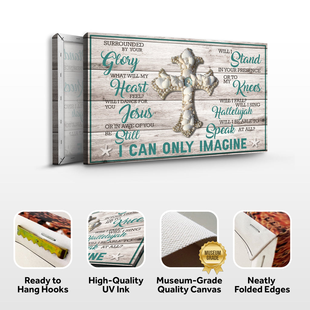 Religious canvas wall art with silver cross and teal quote text, landscape format