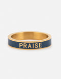 Navy enamel statement ring with gold band and “PRAISE” lettering across top