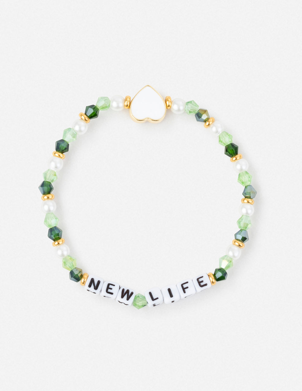 Green beaded letter bracelet with 'NEW LIFE' lettering and gold clasp