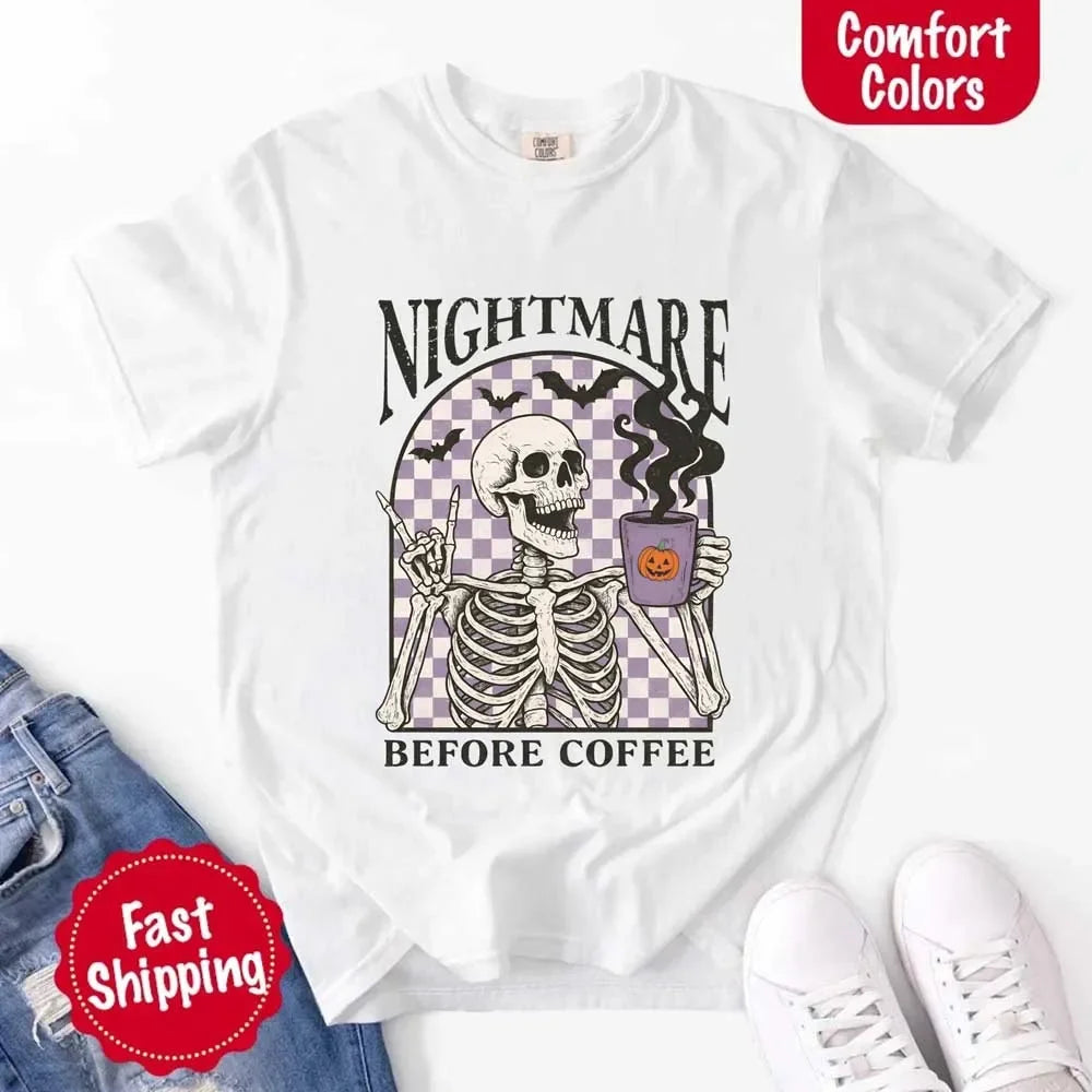White crewneck T-shirt laid flat with skeleton coffee graphic and checkered panel