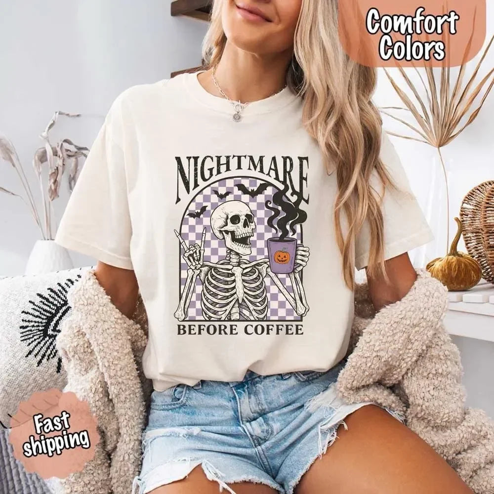 White T-shirt with skeleton “Nightmare Before Coffee” front graphic, crew neck
