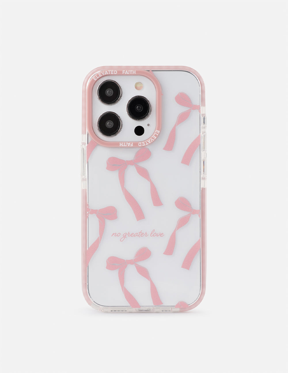 Phone case with pink bow-pattern silhouettes and clear bumper edges