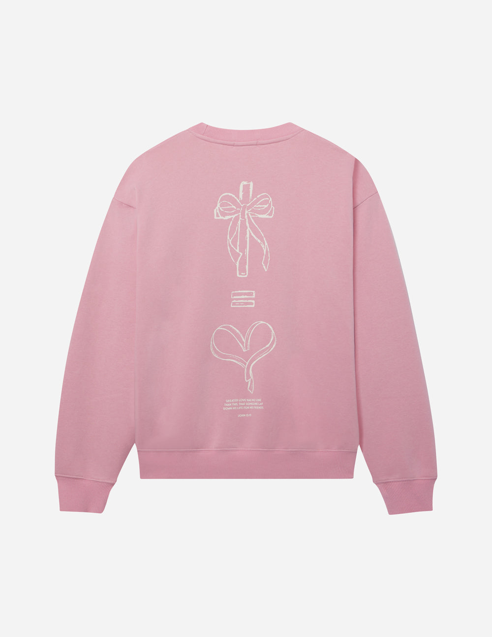 Unisex crewneck sweatshirt, pale pink back view with bow and heart print