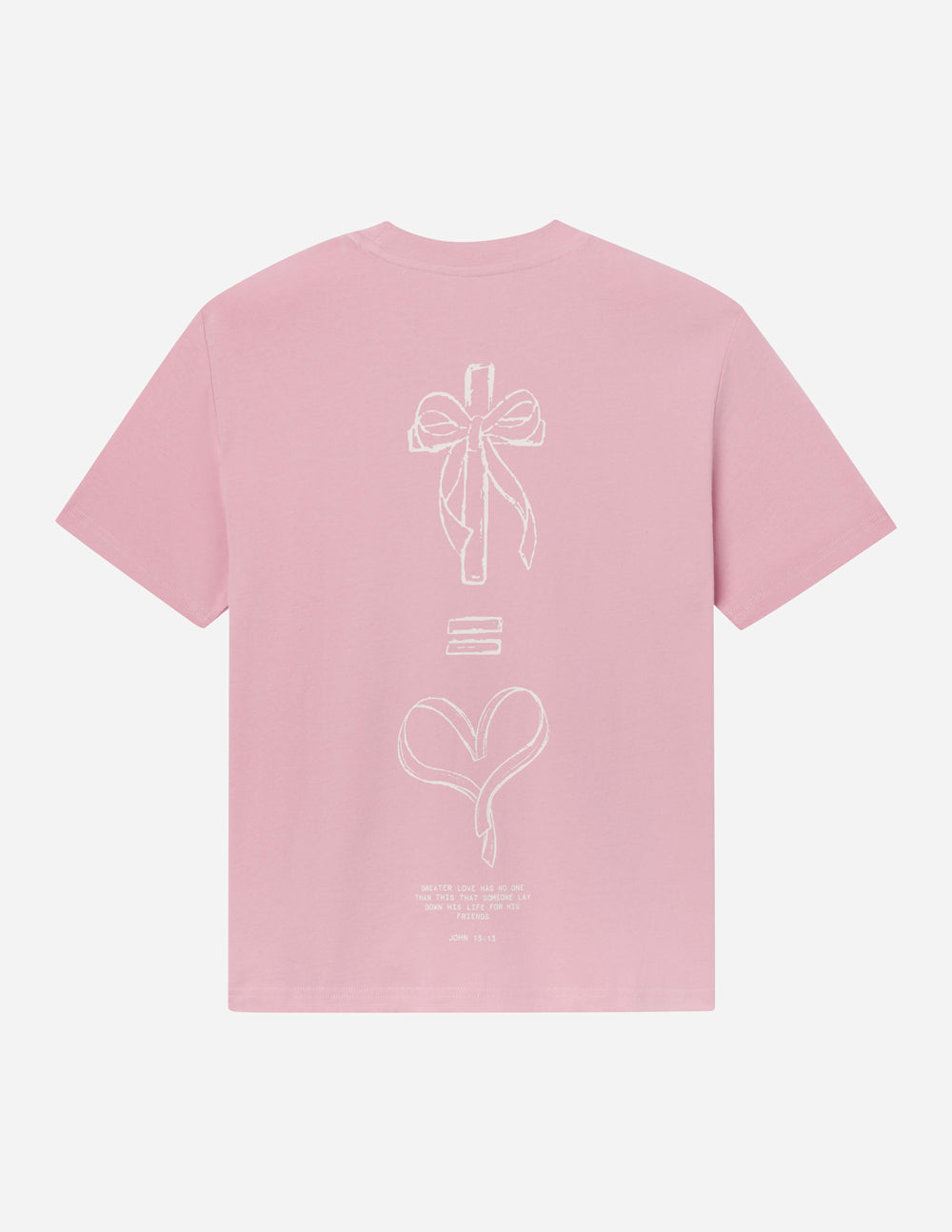 Unisex pink T-shirt, back view with bow and heart line-art graphic.
