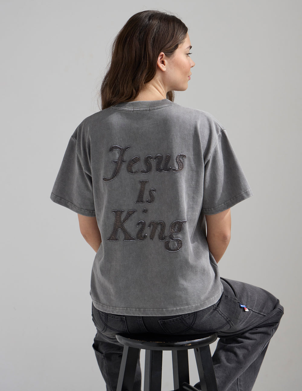 Gray heavyweight T-shirt with large 'Jesus Is King' back print, crew neck, short sleeves.