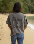 Gray heavyweight T-shirt with large 'Jesus Is King' back print, crew neck, short sleeves.