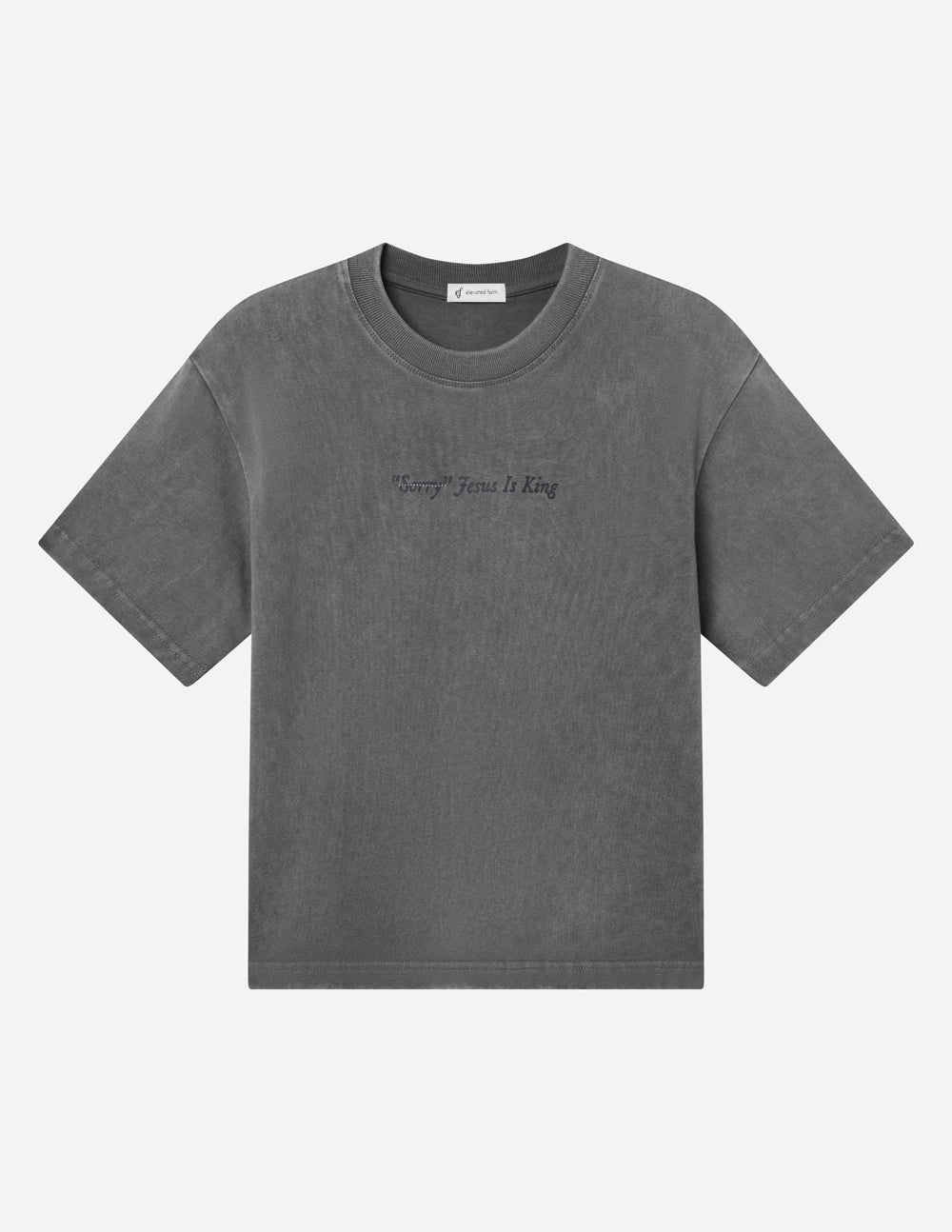 Dark gray heavyweight T-shirt with small centered 'Jesus Is King' text on front