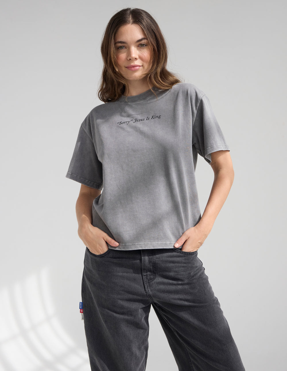 Gray heavyweight T-shirt with small 'Jesus Is King' front print, crew neck, short sleeves.