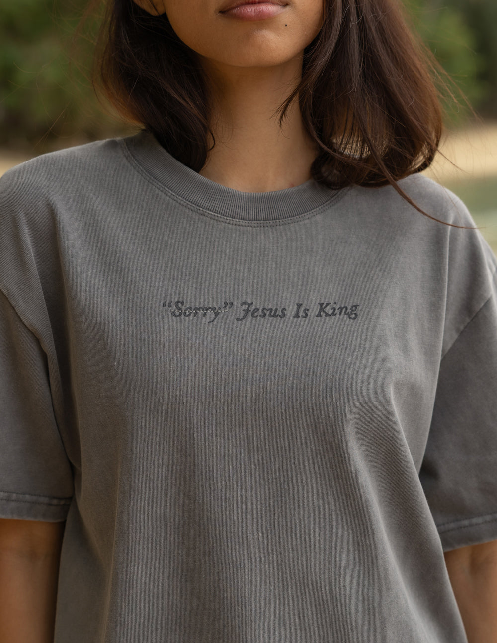Gray heavyweight T-shirt with small 'Jesus Is King' front script print, crew neck.
