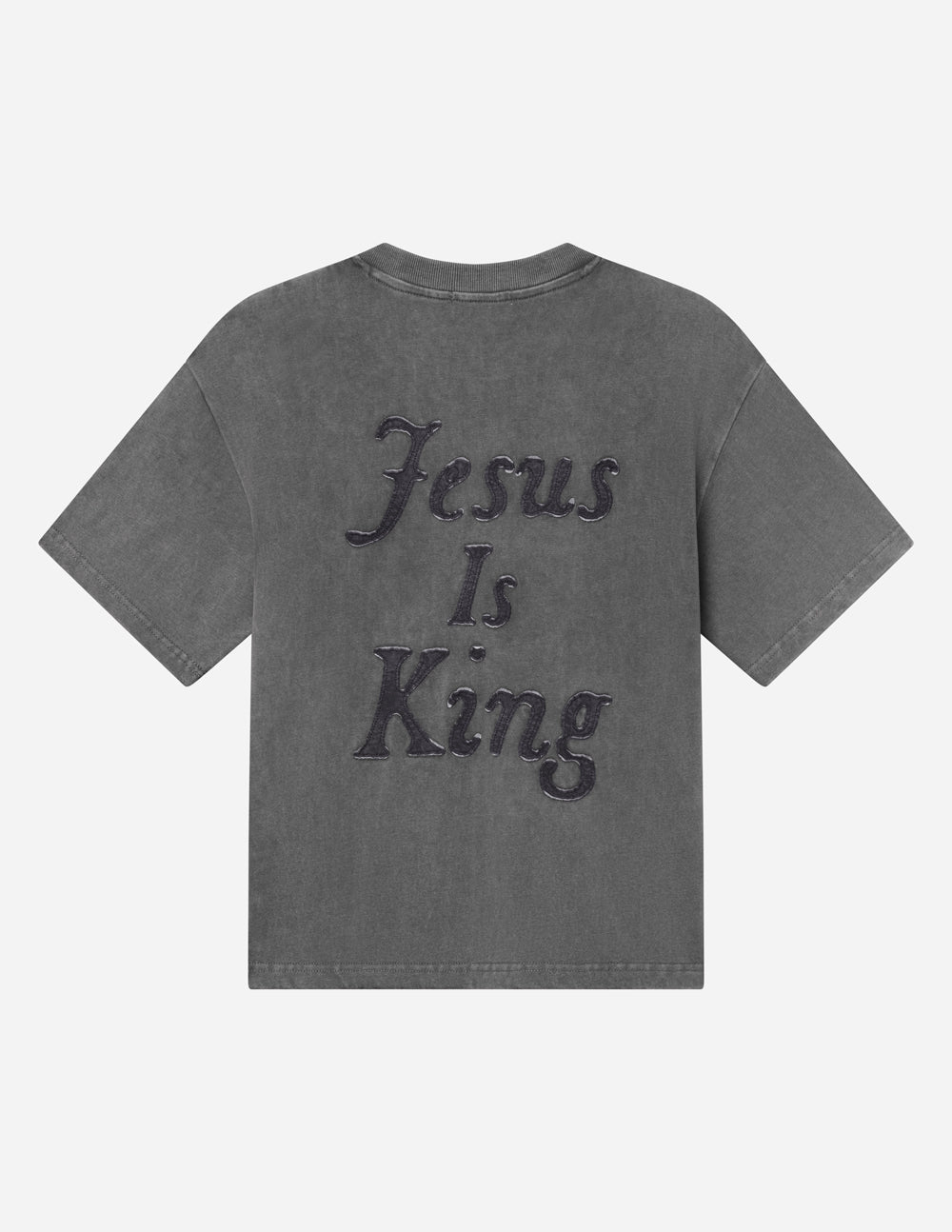 Dark gray heavyweight T-shirt front with large 'Jesus Is King' typography