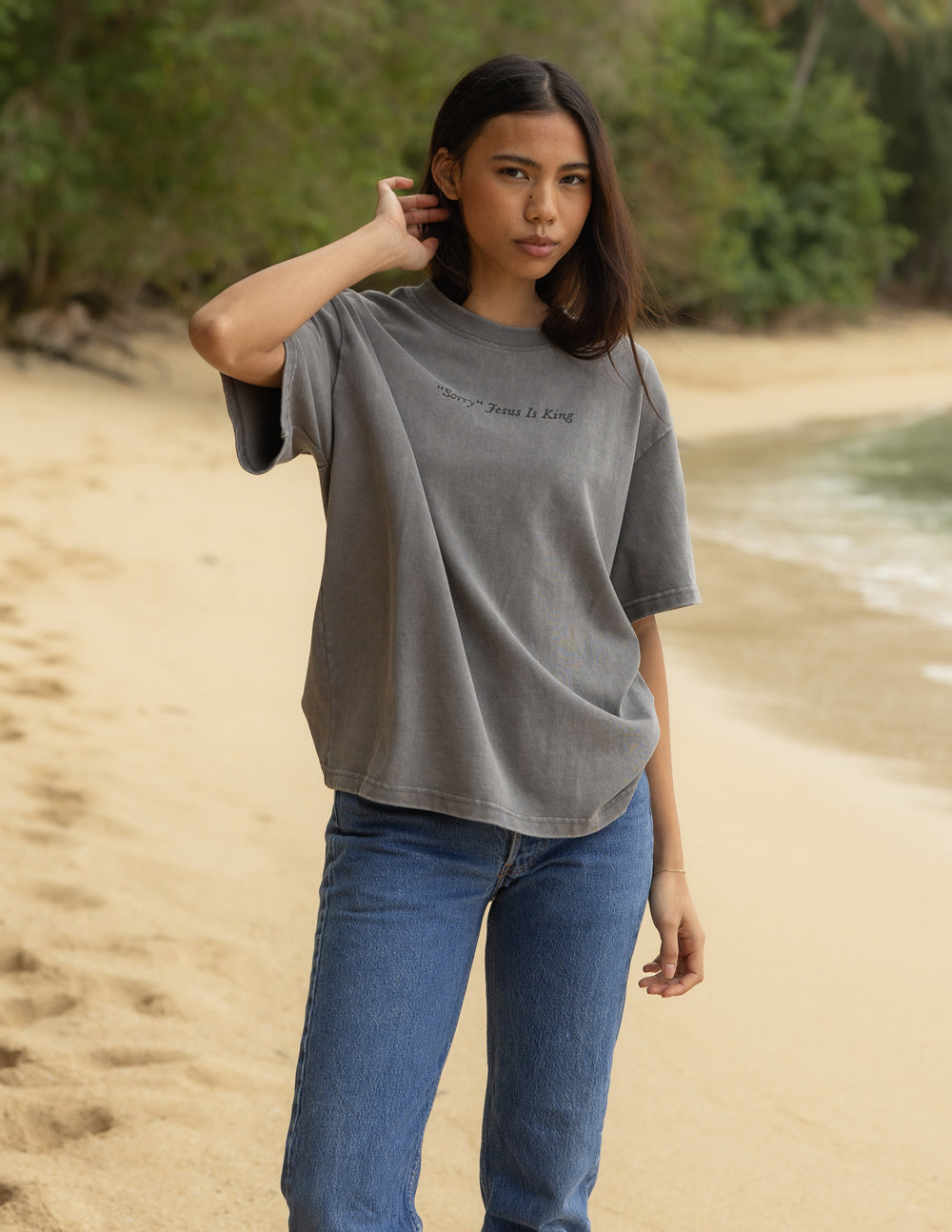 Gray heavyweight T-shirt with small 'Jesus Is King' front print, crew neck, short sleeves.