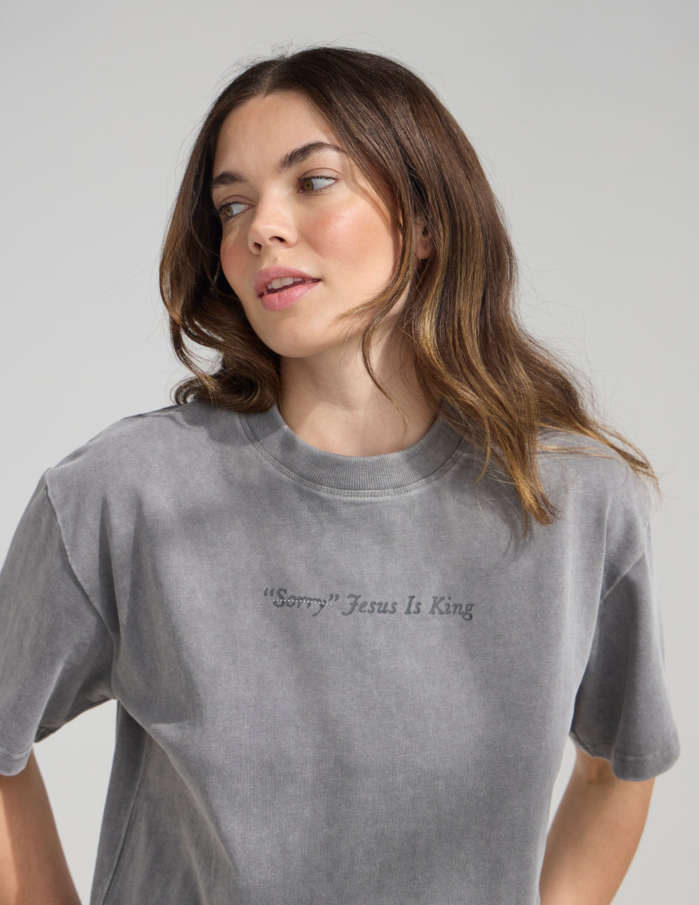 Heavyweight gray T-shirt with small 'Jesus Is King' text at chest