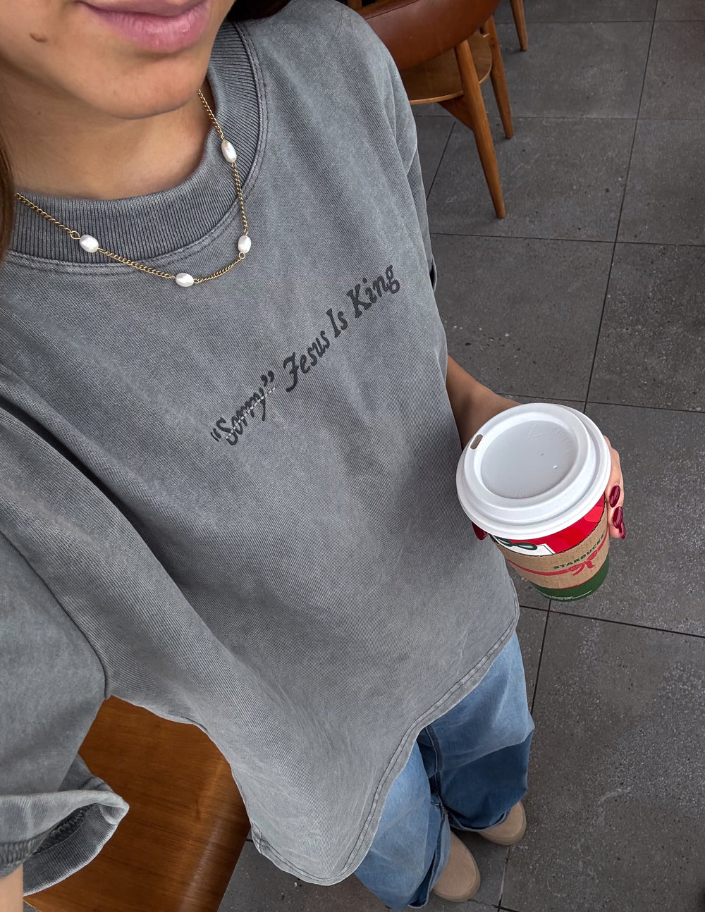Gray heavyweight T-shirt with 'Jesus Is King' front print, crew neck, short sleeves.