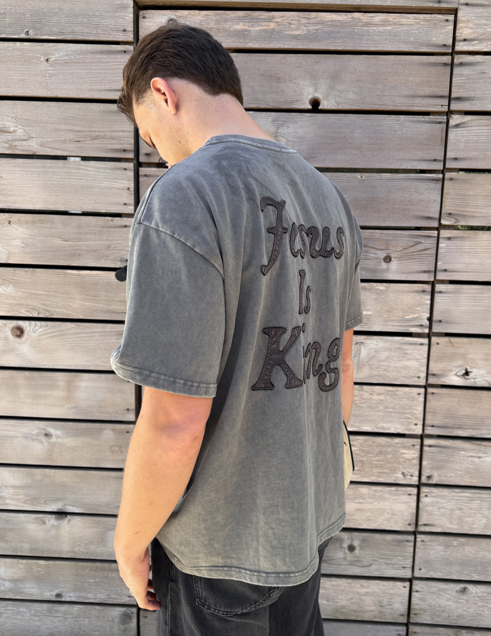 Gray heavyweight T-shirt with large 'Jesus Is King' back print, crew neck, short sleeves.