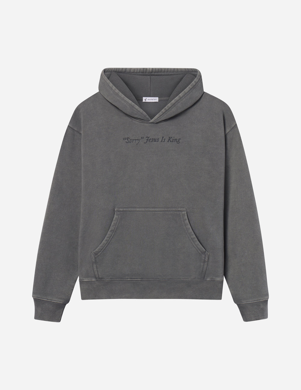 Dark gray unisex hoodie with front pocket and small 'Jesus Is King' logo