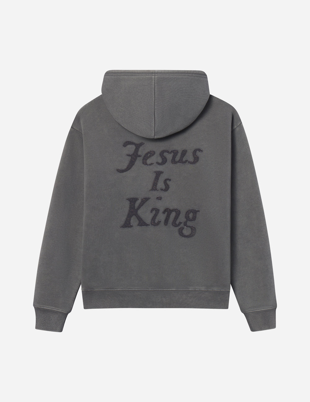 Dark gray unisex hoodie with hood and large 'Jesus Is King' back graphic