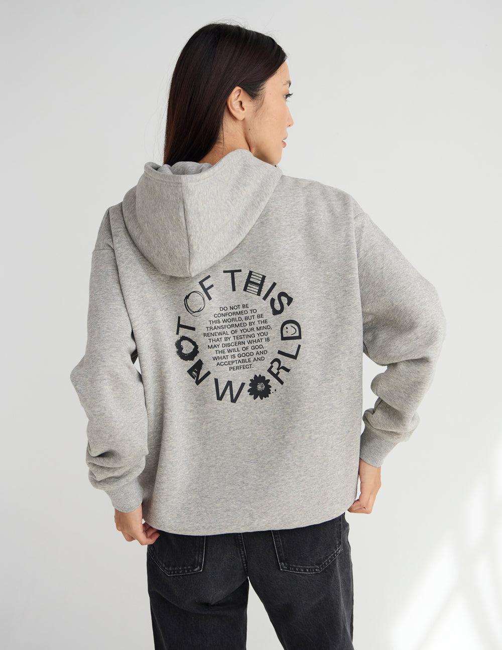 Light beige unisex hoodie, back view with hood and large circular logo graphic