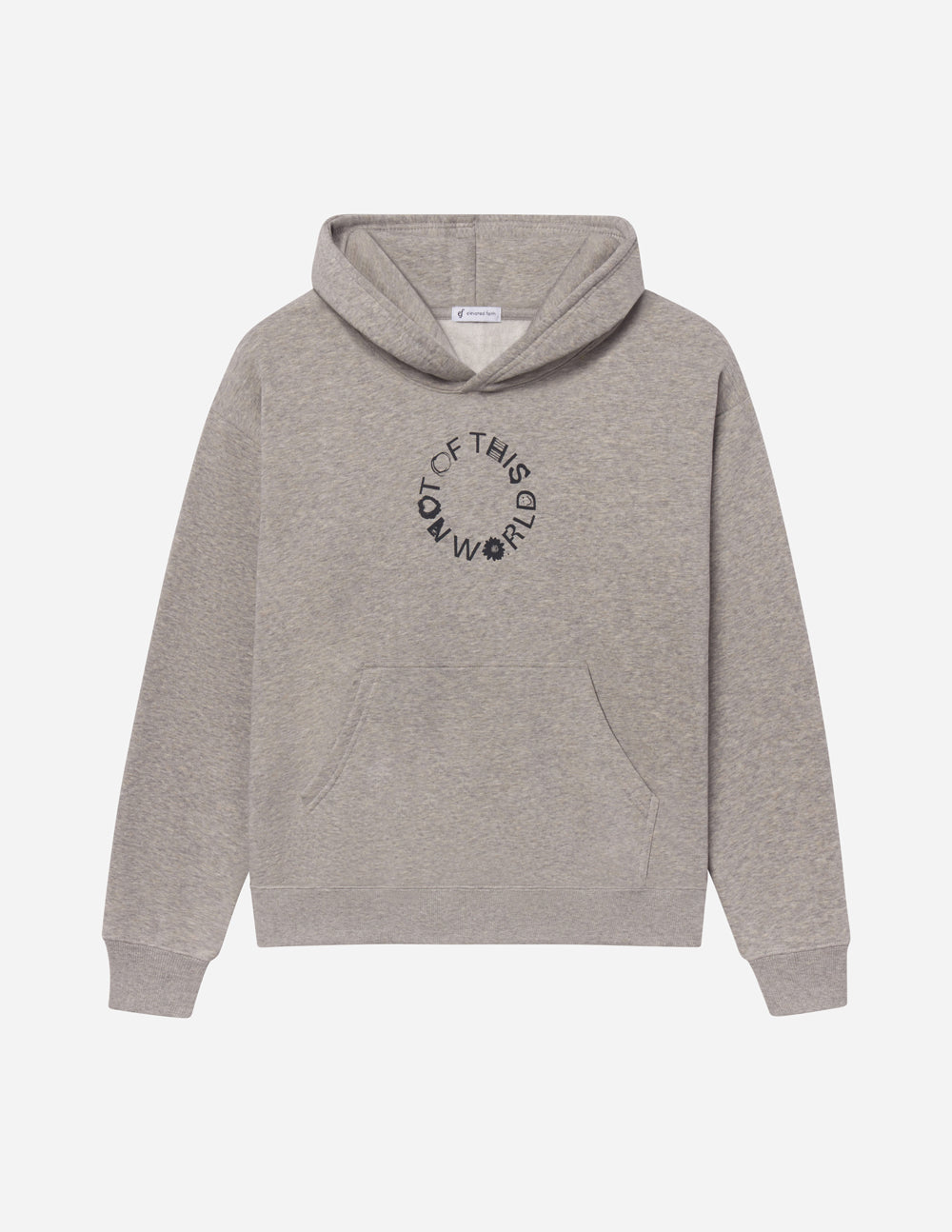 Light beige unisex hoodie with hood and front circular logo graphic, pullover