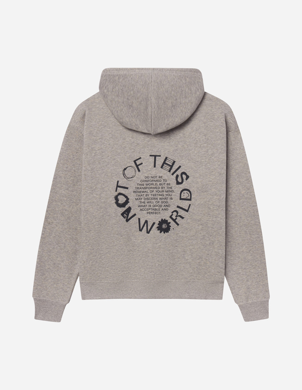 Unisex pullover hoodie, heather gray with large circular front graphic and hood