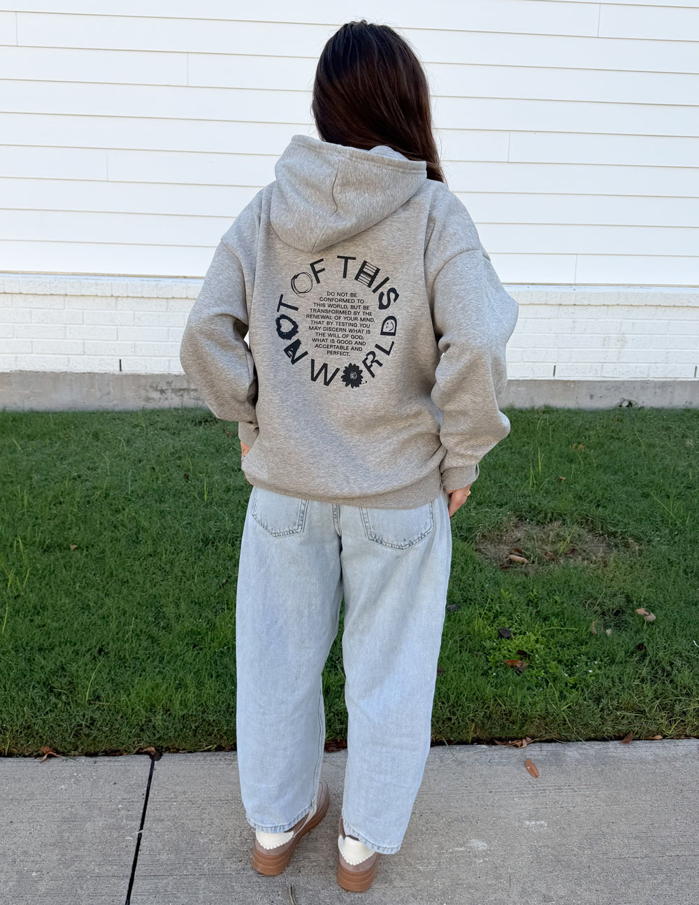Light beige unisex hoodie with hood and large back circular logo, pullover