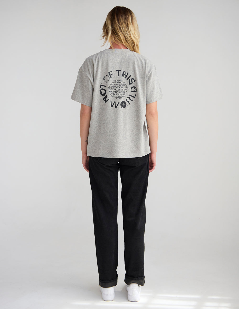 Unisex heather gray T-shirt with back circular text graphic and crew neck