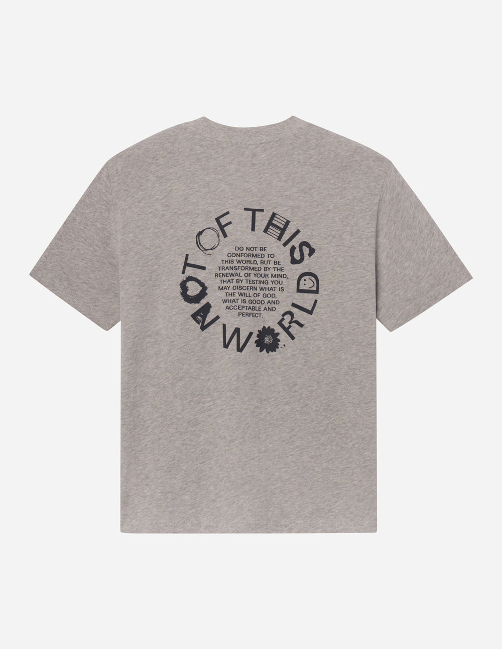 Heather gray unisex graphic T-shirt with crew neck and back text print