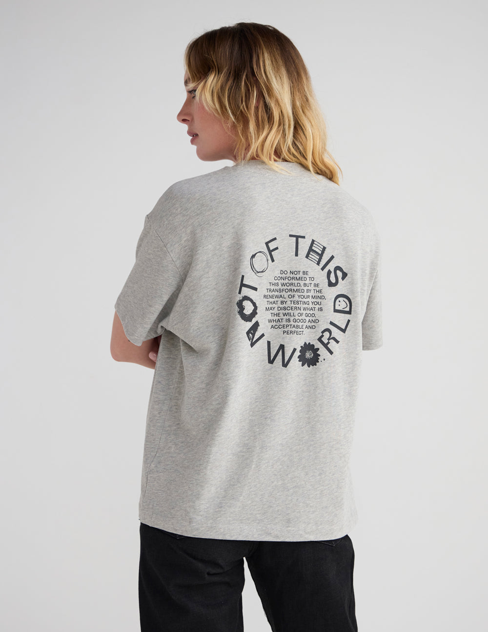 Unisex heather gray T-shirt with large back graphic text and crew neck