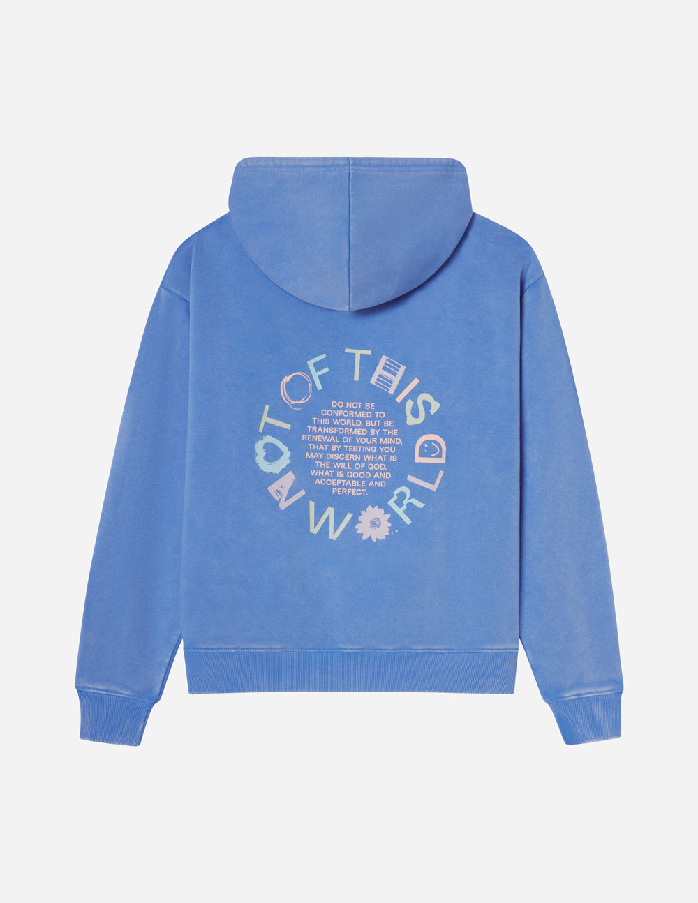 Blue unisex pullover hoodie with hood and back graphic print