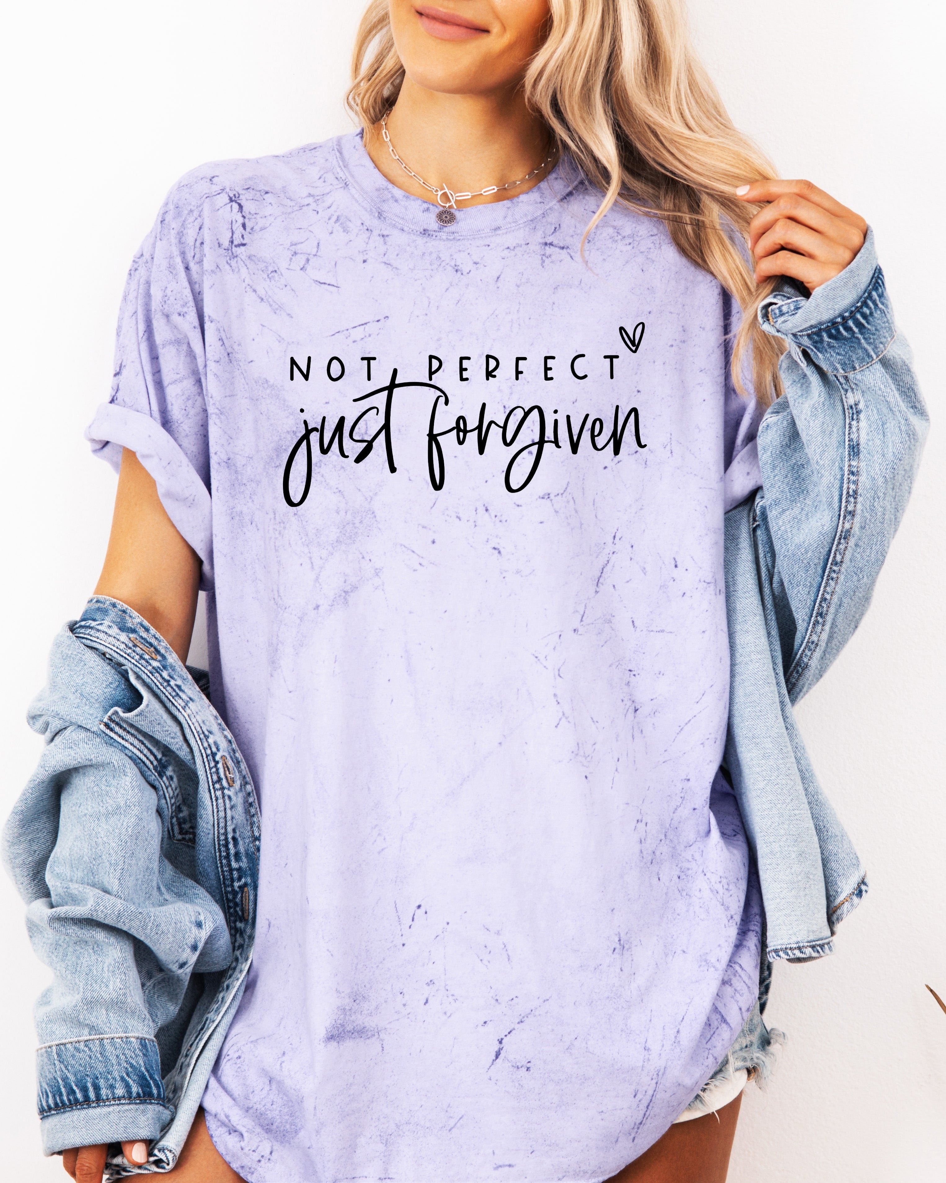 Lavender unisex T-shirt with crew neck and 'Not perfect, just forgiven' script graphic